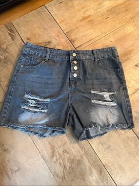 Washed Black Distressed High-Rise Denim Shorts